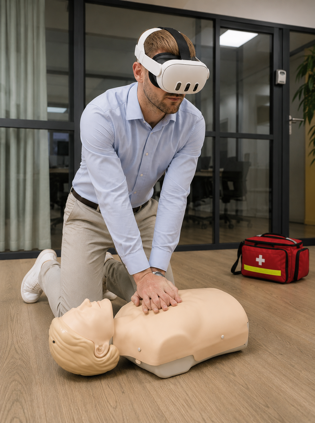 Un homme portant un casque de réalité virtuelle pratique des compressions thoraciques sur un mannequin de formation aux gestes de premiers secours