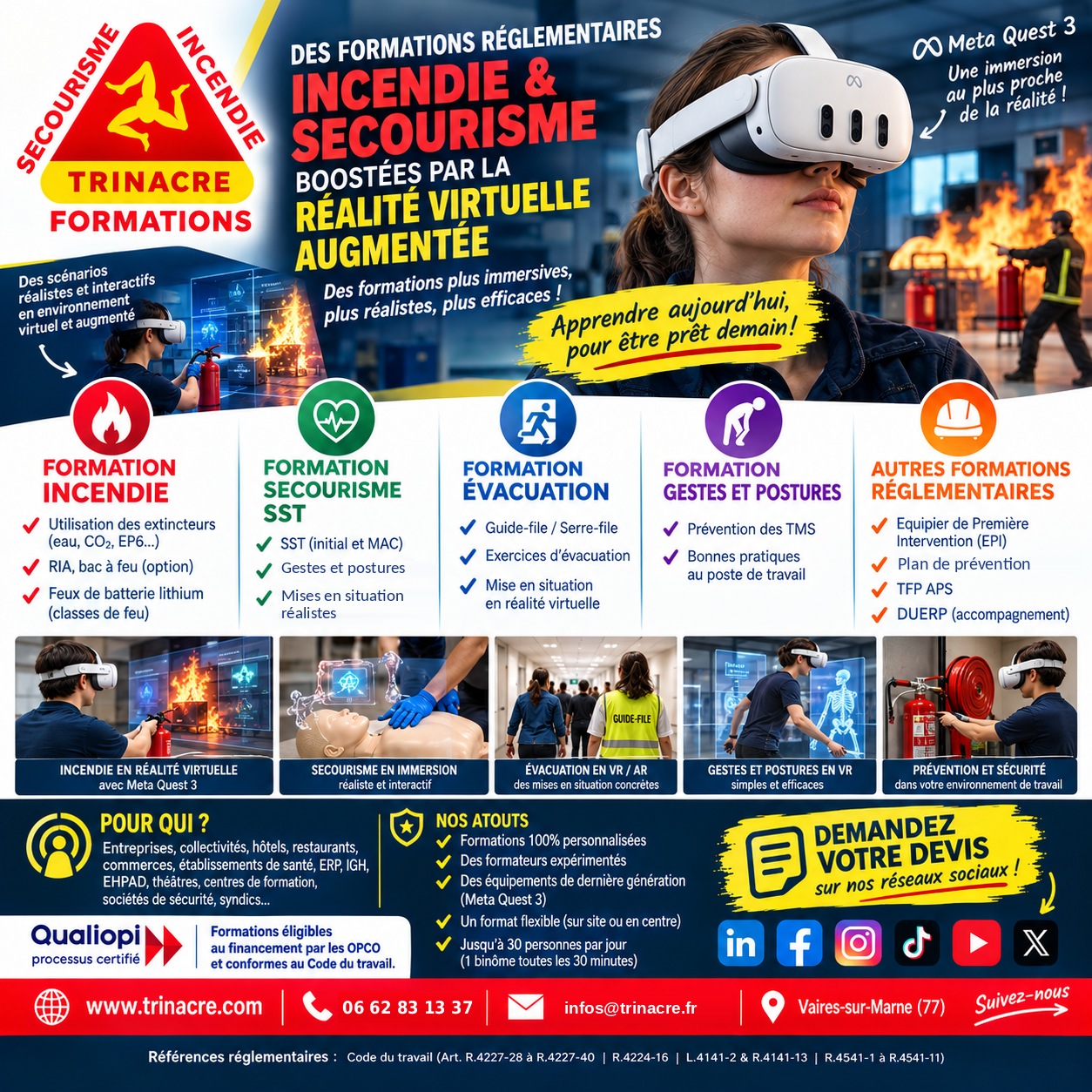 Formations réglementaires incendie, évacuation, gestes et postures, SST et DUERP boostées par la réalité virtuelle augmentée, TRINACRE Formations