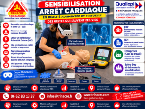 Affiche sensibilisation à l'arrêt cardiaque et au défibrillateur DAE en réalité virtuelle et augmentée, TRINACRE Formations, Safety Day