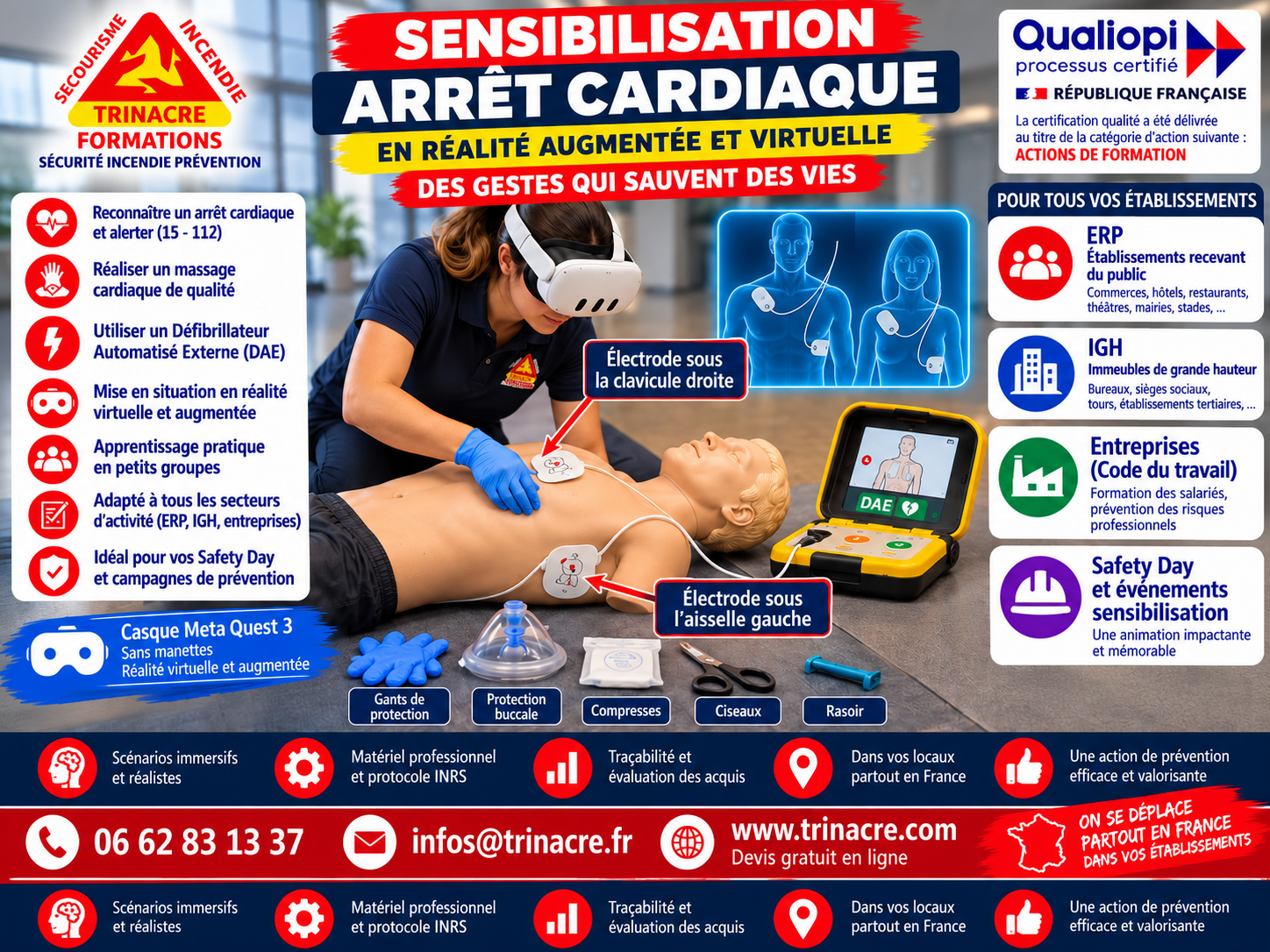 Affiche sensibilisation à l'arrêt cardiaque et au défibrillateur DAE en réalité virtuelle et augmentée, TRINACRE Formations, Safety Day