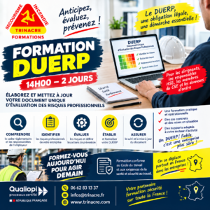 TRINACRE Formations : formation DUERP de 14 heures sur 2 jours pour élaborer et mettre à jour votre document unique d'évaluation des risques professionnels, Qualiopi