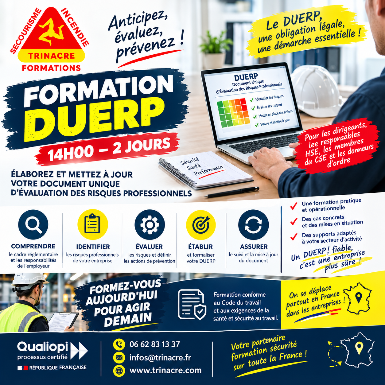 TRINACRE Formations : formation DUERP de 14 heures sur 2 jours pour élaborer et mettre à jour votre document unique d'évaluation des risques professionnels, Qualiopi