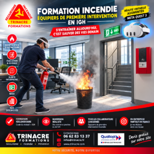 Affiche formation équipier de première intervention incendie en IGH en réalité virtuelle et augmentée avec Meta Quest 3 - TRINACRE Formations