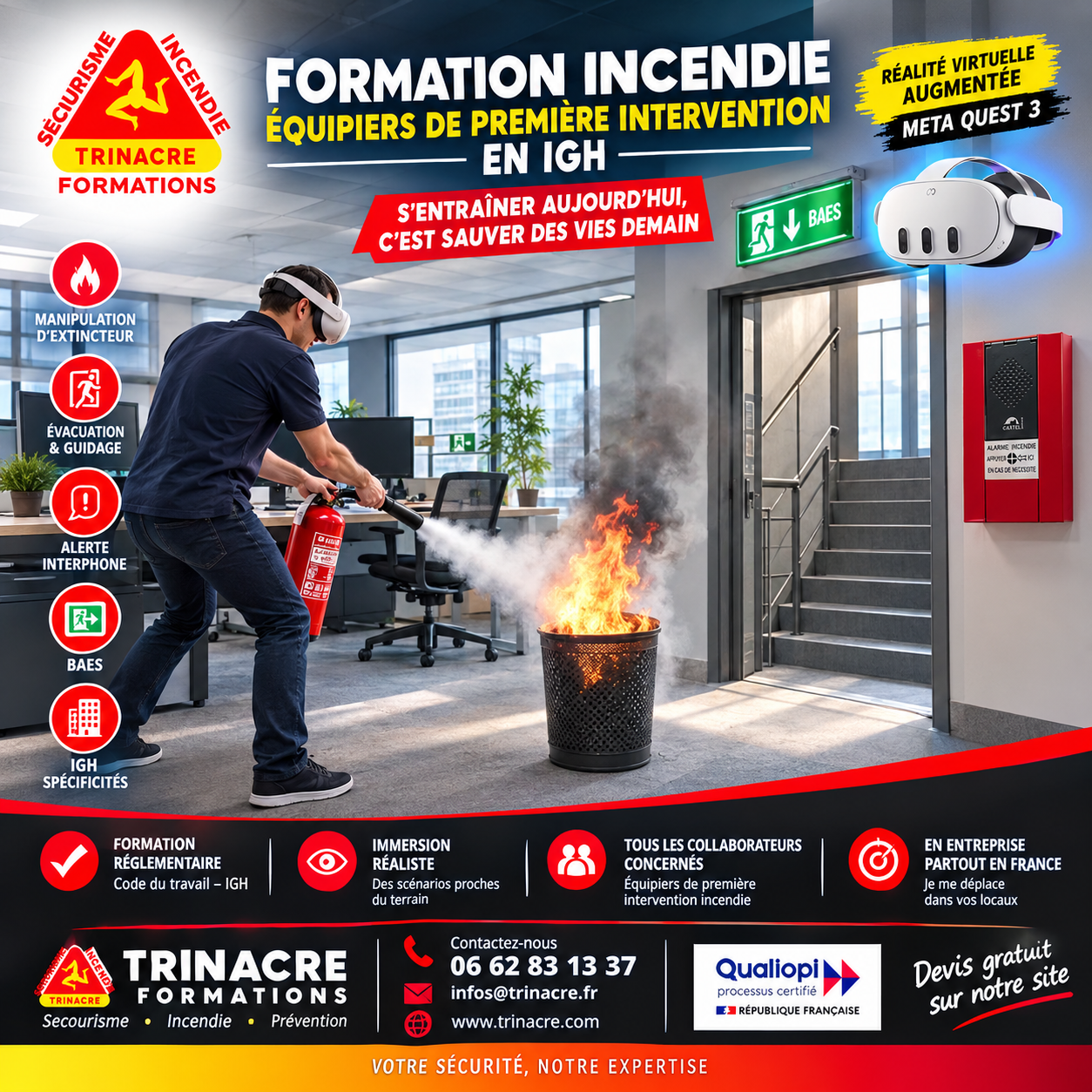 Affiche formation équipier de première intervention incendie en IGH en réalité virtuelle et augmentée avec Meta Quest 3 - TRINACRE Formations
