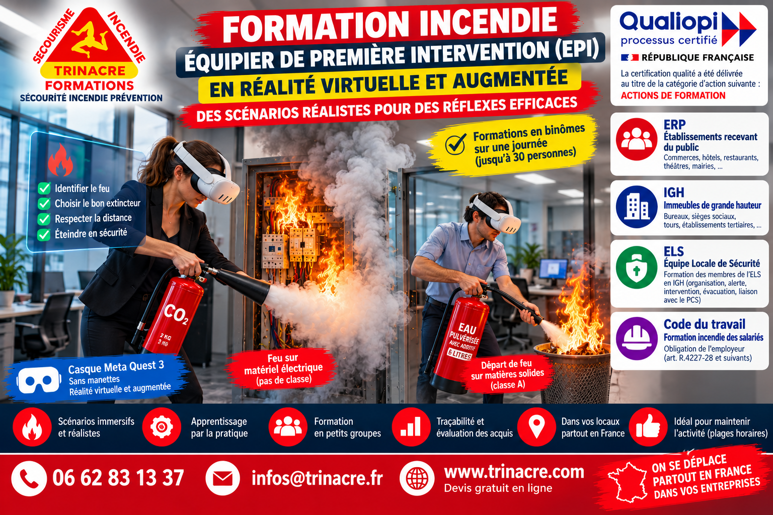 Affiche formation incendie équipier de première intervention EPI en réalité virtuelle et augmentée, ERP, ELS, IGH et Code du travail - TRINACRE Formations