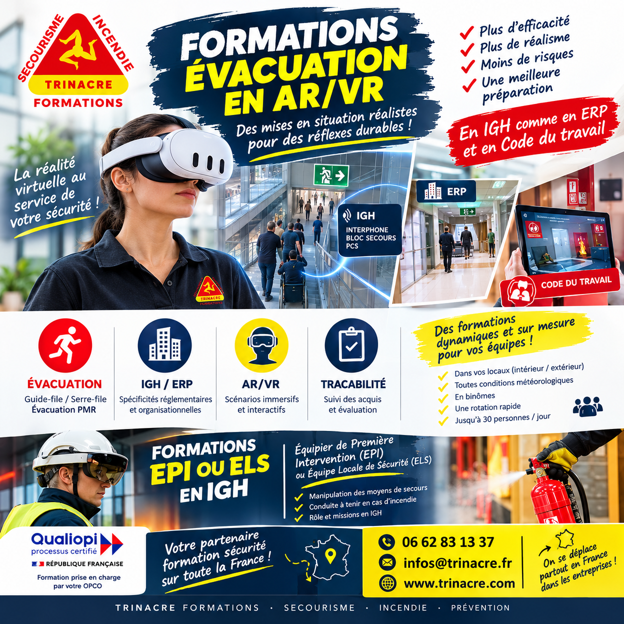 TRINACRE Formations : formations évacuation en réalité virtuelle et augmentée, en IGH comme en ERP et en Code du travail, EPI et ELS en IGH, certifiées Qualiopi