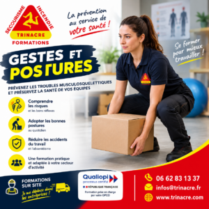 TRINACRE Formations : formation gestes et postures dans vos locaux, prévention des troubles musculosquelettiques, certifiée Qualiopi, prise en charge OPCO possible
