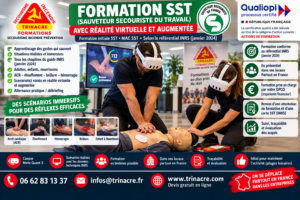 Affiche formation SST et MAC SST avec réalité virtuelle et augmentée selon le référentiel INRS de janvier 2024 - TRINACRE Formations