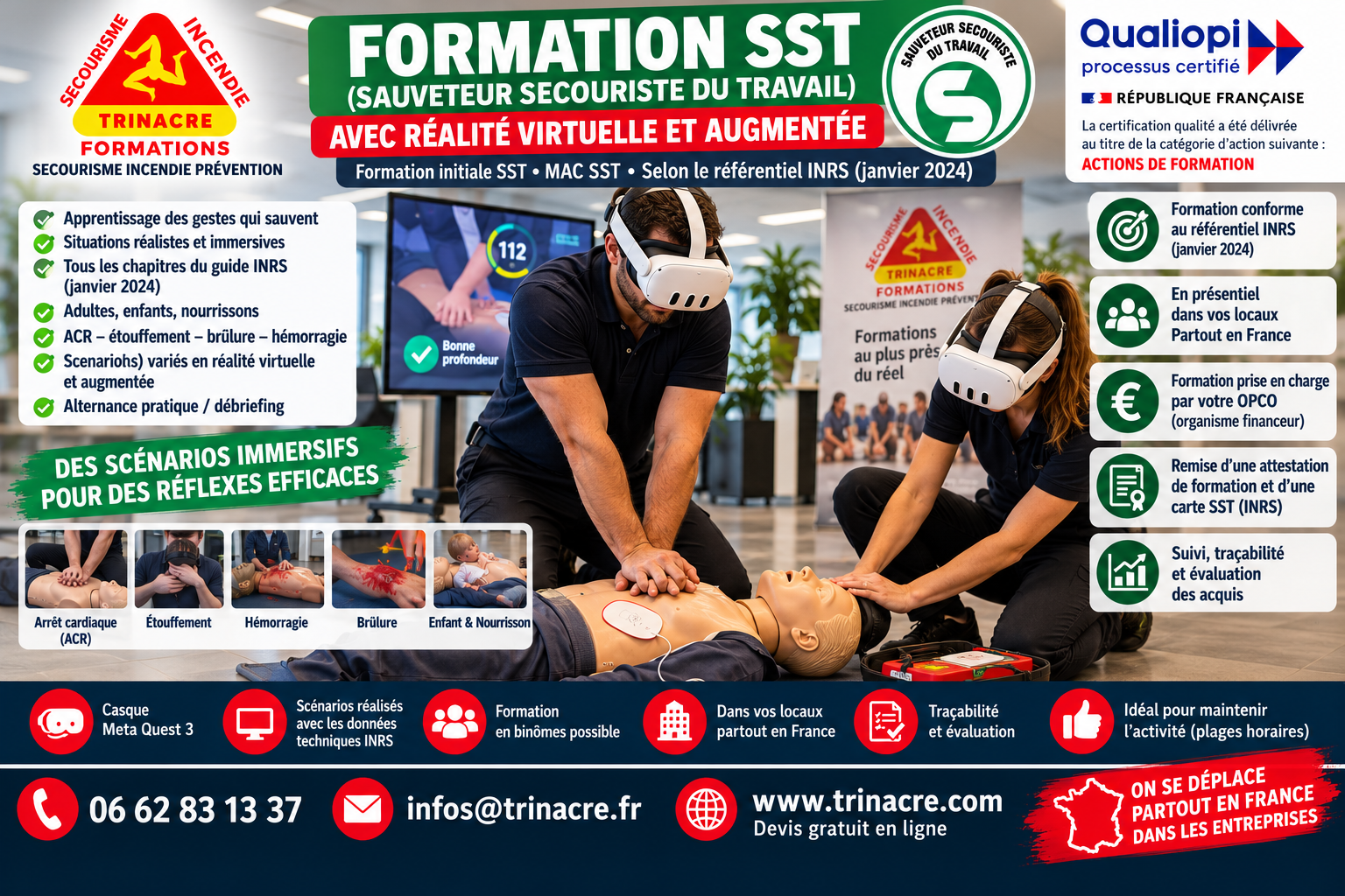 Affiche formation SST et MAC SST avec réalité virtuelle et augmentée selon le référentiel INRS de janvier 2024 - TRINACRE Formations