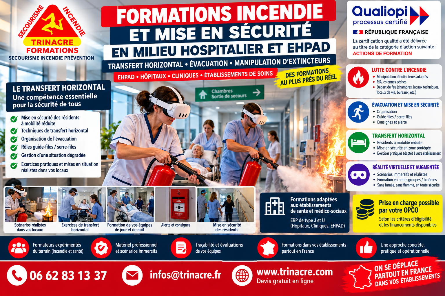 Affiche formations incendie et mise en sécurité en milieu hospitalier et EHPAD avec réalité virtuelle et augmentée - TRINACRE Formations