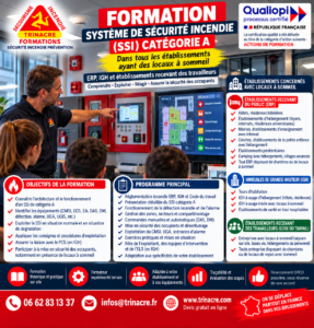 Affiche formation système de sécurité incendie SSI catégorie A dans les ERP avec locaux à sommeil, IGH et établissements recevant des travailleurs, TRINACRE Formations