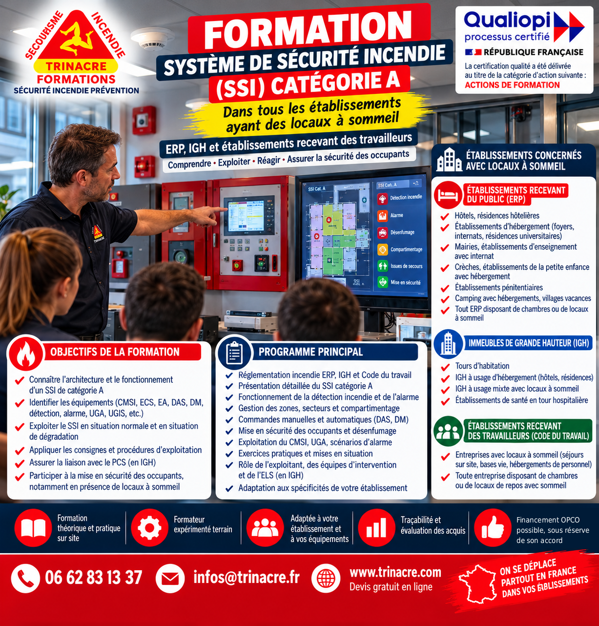 Affiche formation système de sécurité incendie SSI catégorie A dans les établissements avec locaux à sommeil, ERP, IGH et établissements recevant des travailleurs - TRINACRE Formations