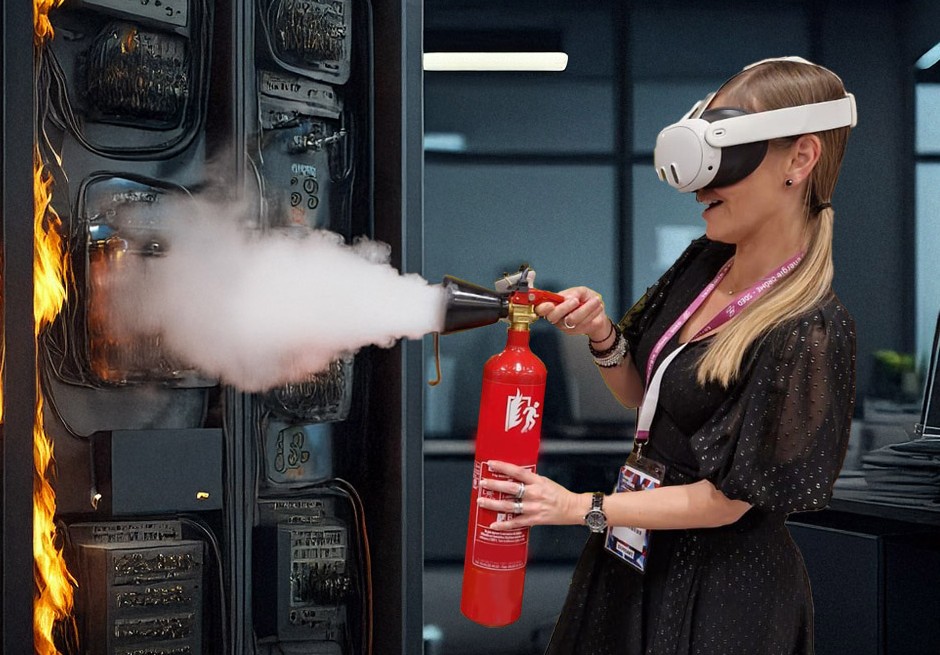 Stagiaire en casque Meta Quest 3 utilisant un extincteur à dioxyde de carbone sur une armoire électrique en feu - formation incendie TRINACRE