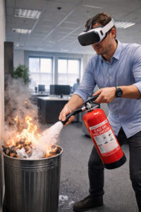 Stagiaire équipé d'un casque de réalité virtuelle éteignant un feu de corbeille avec un extincteur à eau pulvérisée dans des bureaux - TRINACRE Formations