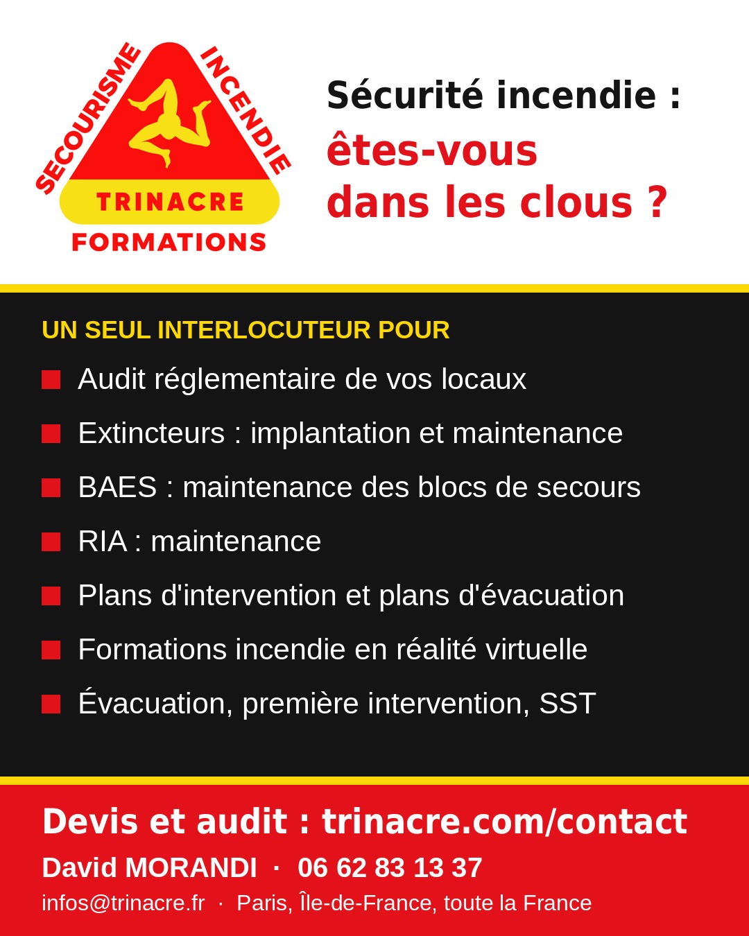 Audit sécurité incendie, maintenance des extincteurs, BAES, RIA et plans d'évacuation : TRINACRE Formations