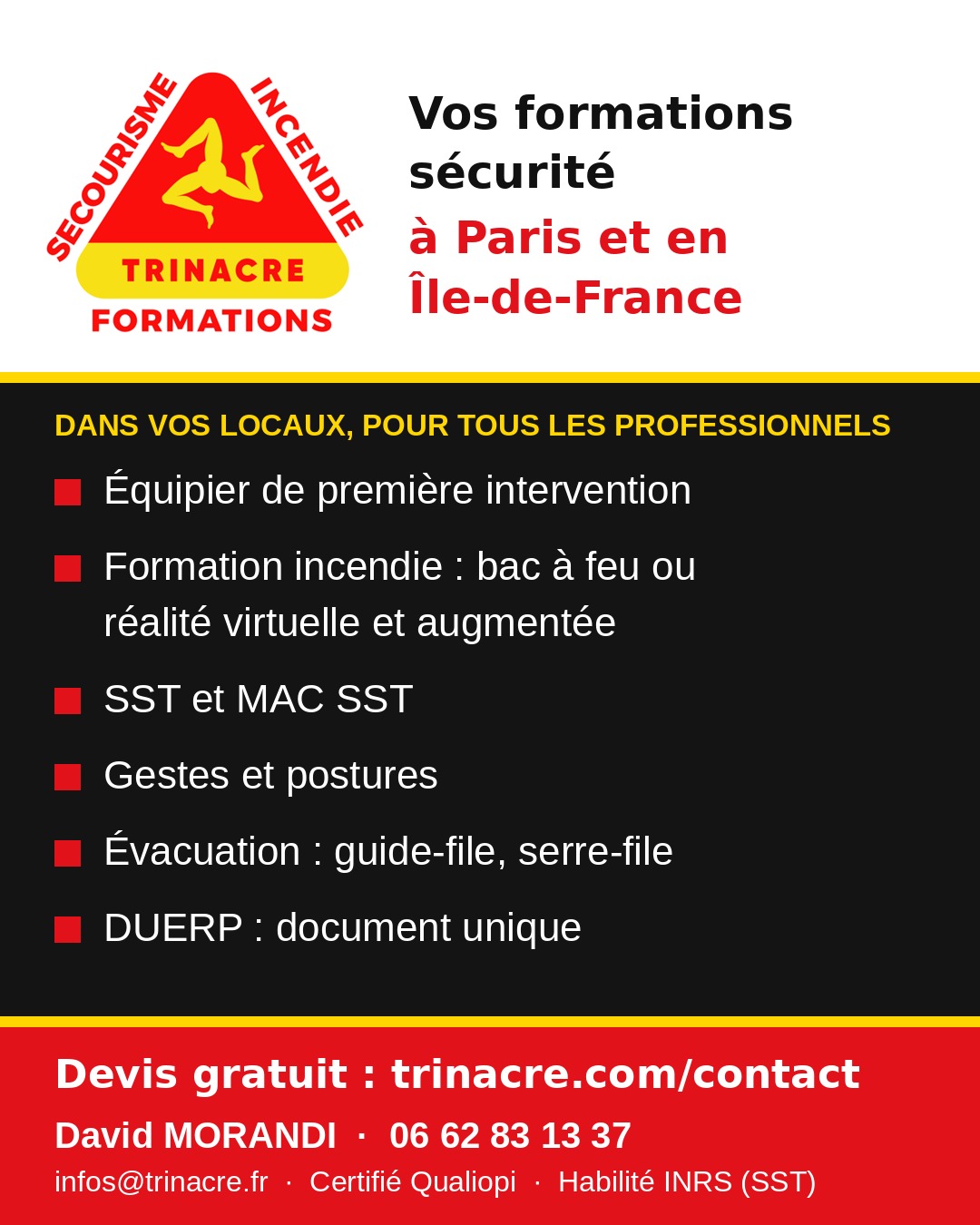 Formation incendie, SST, évacuation, gestes et postures, DUERP à Paris et en Île-de-France, TRINACRE Formations
